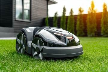 A small robot is on a green lawn