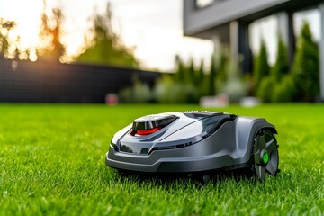 A small robot is on a green lawn