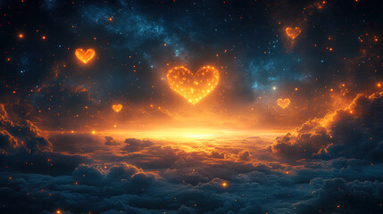 Fototapeta premium Vibrant cosmic hearts floating above clouds during a stunning twilight sky. Generative AI