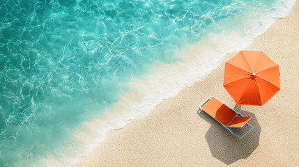 Beautiful beach with turquoise water and orange umbrellas, view from above, summer vacation concept banner background