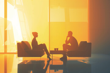 Silhouette people having business talk over coffee sitting at table in modern office building during sunset light.