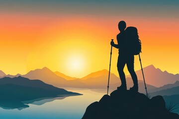 A hiker stands on a rock at sunset, overlooking mountains and a reflective lake.