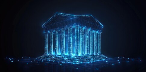 Digital Ancient Greek Temple with Columns of Blue Glowing Binary Code on Dark Background, Blockchain and Virtual Currency Concept, Vector Illustration