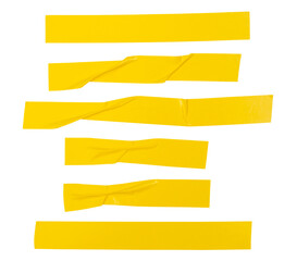 Top view set of wrinkled or crumpled yellow adhesive vinyl tape or cloth tape in stripes shape isolated with clipping path in png file format