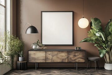 Modern living room interior mockup with blank frame