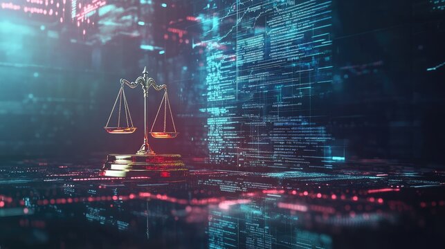 Digital Scales of Justice with Neon Glow and Binary Code Rain, Technology and Law Concept with Digital Data Hologram Background