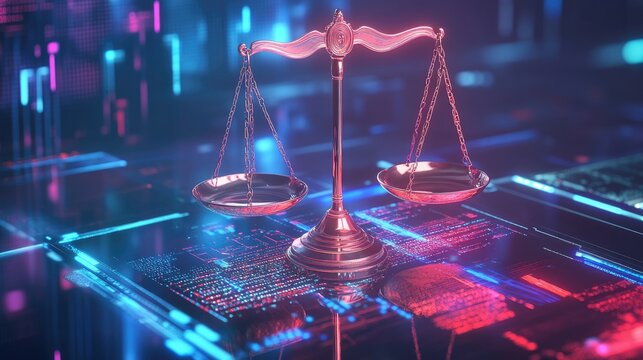 Digital Scales of Justice with Neon Glow and Binary Code Rain, Technology and Law Concept with Digital Data Hologram Background
