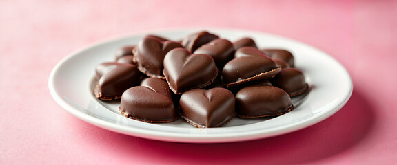 Heart-shaped chocolate candies on white plate