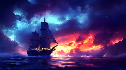 Obraz premium Sailing into the Cosmos - Fantasy Ocean Illustration