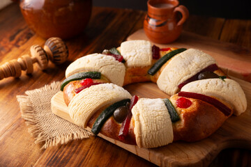 Rosca de Reyes, also called Kings cake, roscon, Epiphany Cake and hot chocolate drink. Mexican...