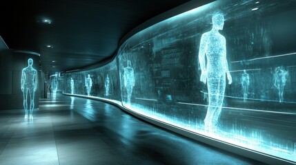 Futuristic hallway with transparent holographic figures walking in a high-tech environment, showcasing advanced technology and modern architectural design aesthetics.