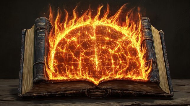 A Surreal Open Book with an Engulfing Fire and Glowing Network Design, Representing Knowledge, Power, and Transformation in a Unique Visual Metaphor