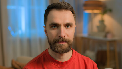 Caucasian adult man close up portrait bearded millennial 30s guy husband dad father Caucasian...