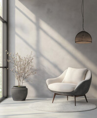 Minimalist, loft home interior design of modern living room. Room with soft boucle chairs and sofa against stucco wall, abstract art, and a neutral color palette, creating a serene and elegant space.