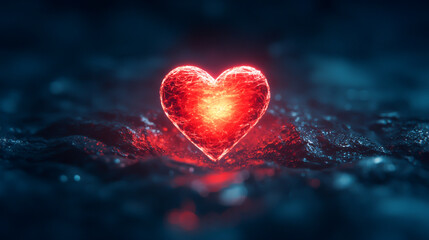 A glowing red heart symbolizing love and affection in a dark, serene environment.