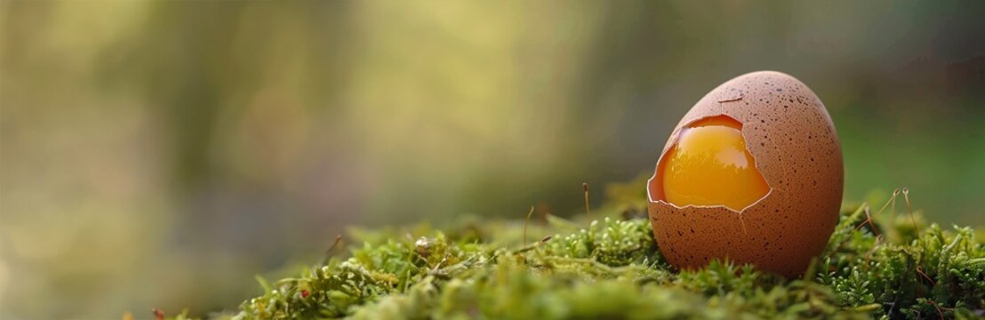 A close up view of a cracked egg nestled in a bed of soft moss covered ground surrounded by lush green foliage and vegetation  The image conveys a sense of nature s fragility renewal