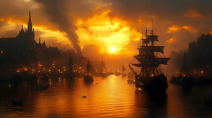 Naklejka premium Golden Sunset Harbor Illustration