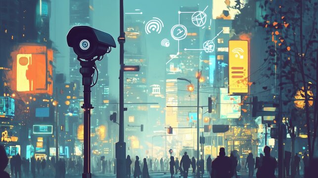 A lively urban scene with a surveillance camera, bright art, and vibrant connectivity icons.