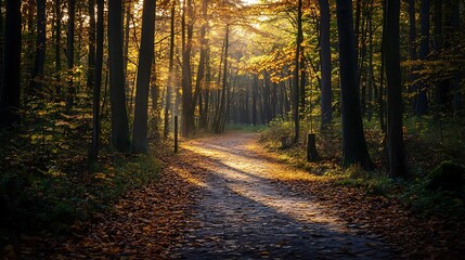 Fototapeta premium Autumn Forest Path Sunlight