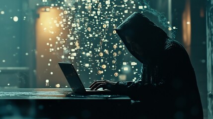 Mysterious Hooded Figure Typing on Laptop Amidst Bitcoin Icons and Digital Data