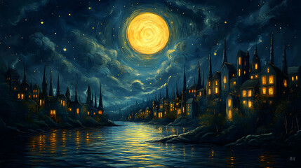 Night Village by the River, Impasto Painting