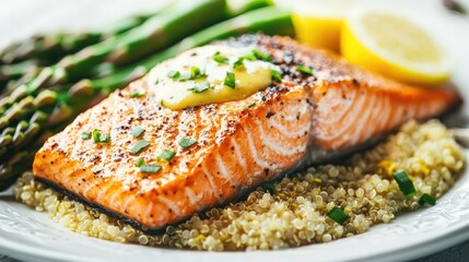 A fillet of salmon grilled to perfection, served with asparagus and a side of quinoa, drizzled with lemon butter sauce