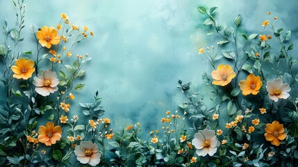 A vibrant floral arrangement featuring yellow and white flowers against a soft blue background.