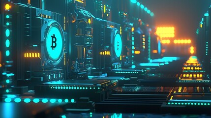 Fototapeta premium Futuristic Bitcoin Mining Farm with Glowing Crypto Rigs
