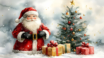 Winter Holiday Watercolor Illustration: Santa and Gifts