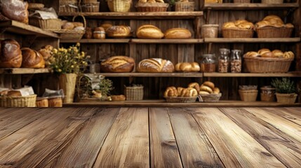 Warm and Inviting Bakery-Themed Scene with Fresh Bread and Pastries on Wooden Shelves
