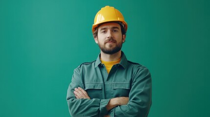 A professional worker in uniform standing confidently, framed by a clean green backdrop for industry vibes