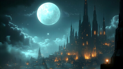 Obraz premium Fantasy Cityscape Illustration: Night Towers and Moon