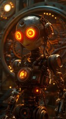 Fototapeta premium Futuristic robot with glowing eyes in industrial setting.