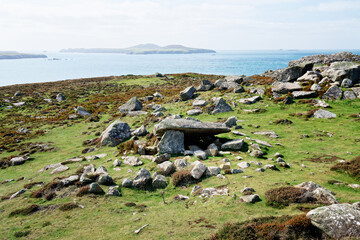 Coetan Arthur prehistoric megalithic Neolithic burial chamber dolmen on St Davids Head,...