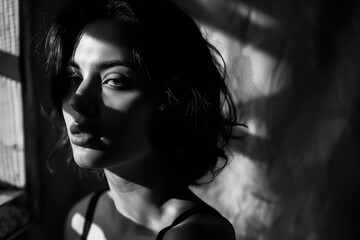 Black and White Photo of a Woman in Dramatic Lighting and Shadows, AI
