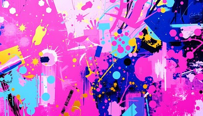 Vibrant pink, blue, and gold paint splatters.