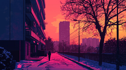 City street at sunset with vibrant pink and orange skies, silhouetted buildings, trees, and a lone figure walking