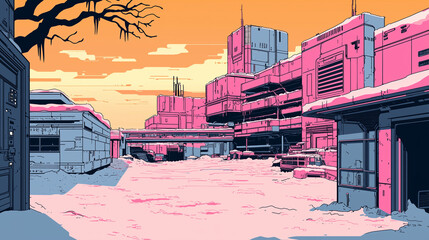 Obraz premium Futuristic brutalist architecture in a snowy urban setting during a vibrant orange sunset