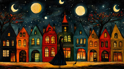 Fototapeta premium Night Town Illustration: Starry Night, Colorful Houses, Woman