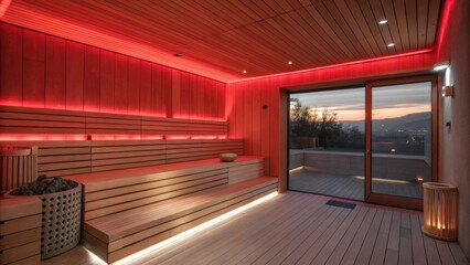 Stylish sauna areas featuring ambient red light promoting tranquility in everyday life.