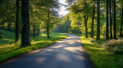 Obraz premium Country road through a green forest. Summer landscape.