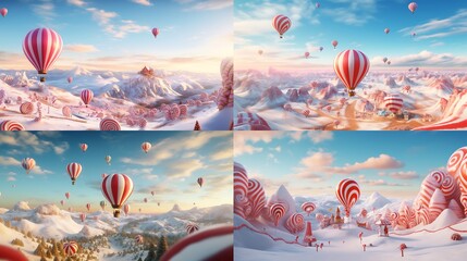 A whimsical hot air balloon ride over a landscape of candy cane fields and gumdrop mountains, capturing the magic of Christmas from high above.