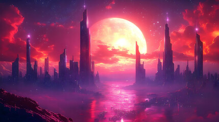 Fototapeta premium Futuristic Cityscape Illustration: Red Moon, Skyscrapers