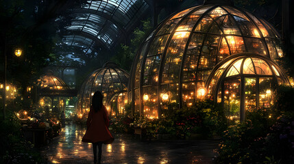 Night Garden Illustration: Illuminated Glasshouses