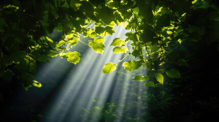 Rays of light breaking through dense leaves in nature.
