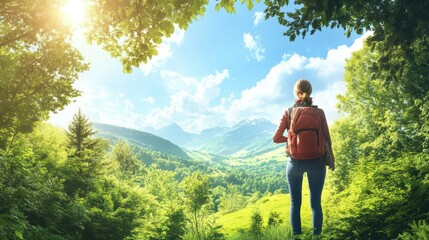 A sightseer admiring nature, set against a vibrant green environment for relaxation