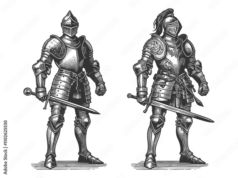 Wall mural medieval knight in full plate armor, classic armor design with lion emblems sketch engraving generat