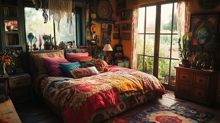 Bohemian Bedroom with Colorful Textiles and Abundant Natural Light