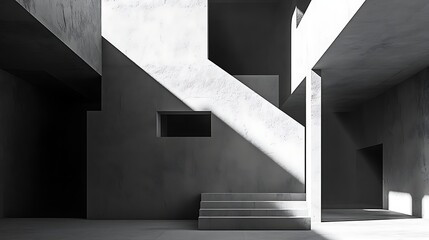 Fototapeta premium Abstract grayscale architectural rendering of a minimalist concrete interior with stairs and shadows.