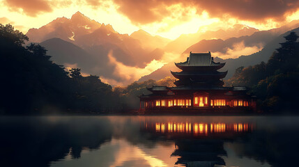 Obraz premium Serene Sunset Temple Illustration